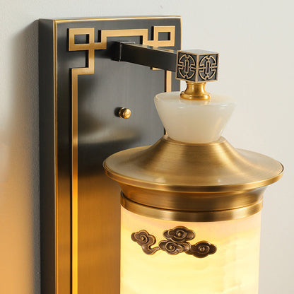 Traditional Chinese Brass Natural Jade Cylinder LED Wall Sconce Lamp For Living Room