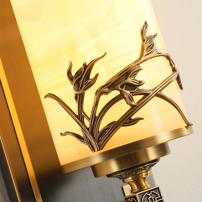 Traditional Chinese Brass Natural Jade Cylinder LED Wall Sconce Lamp For Living Room