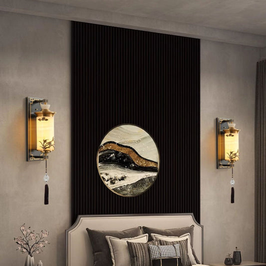 Traditional Chinese Brass Natural Jade Cylinder LED Wall Sconce Lamp For Living Room