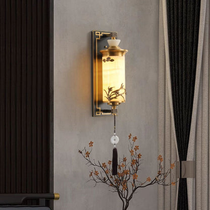 Traditional Chinese Brass Natural Jade Cylinder LED Wall Sconce Lamp For Living Room