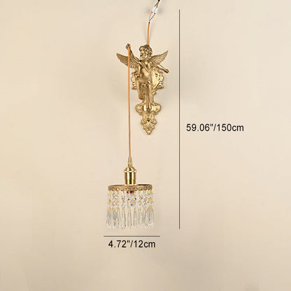 Contemporary Luxury Carved Brass Angel Crystal Round Shade 1-Light Pendant Light For Living Room