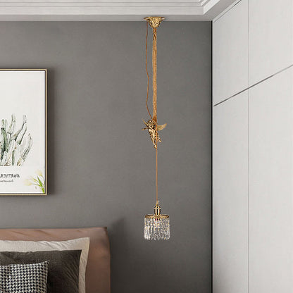 Contemporary Luxury Carved Brass Angel Crystal Round Shade 1-Light Pendant Light For Living Room