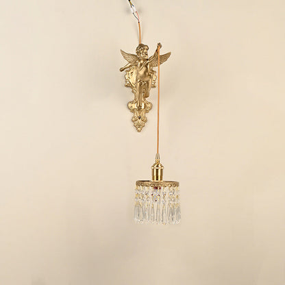 Contemporary Luxury Carved Brass Angel Crystal Round Shade 1-Light Pendant Light For Living Room