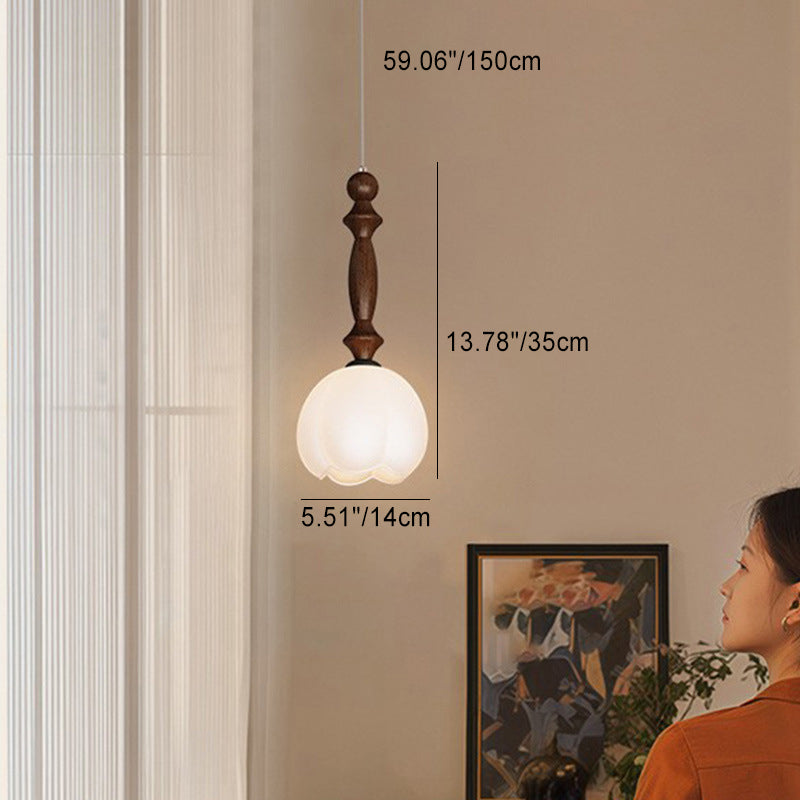 Contemporary Retro Ash Wood Flower Bud Glass Shade LED Pendant Light For Living Room