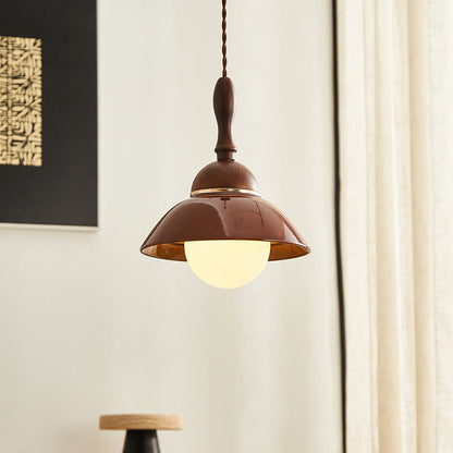 Contemporary Retro Semicircle Solid Wood Ceramic 1-Light Pendant Light For Living Room