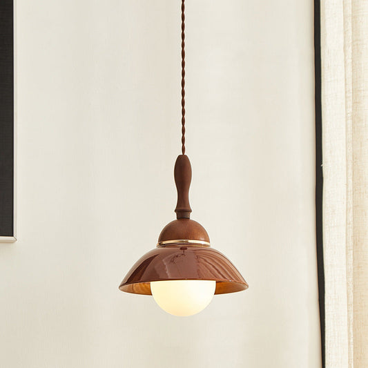 Contemporary Retro Semicircle Solid Wood Ceramic 1-Light Pendant Light For Living Room