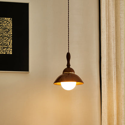 Contemporary Retro Semicircle Solid Wood Ceramic 1-Light Pendant Light For Living Room
