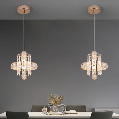 Contemporary Luxury Dual Circle Crystal Ring Glass Beads 1-Light Pendant Light For Living Room