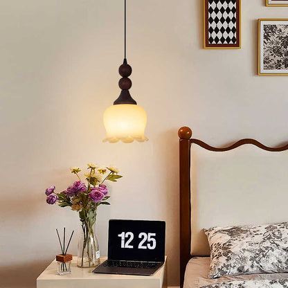 Traditional French Iron Wood Flower Shade 1-Light Pendant Light For Living Room