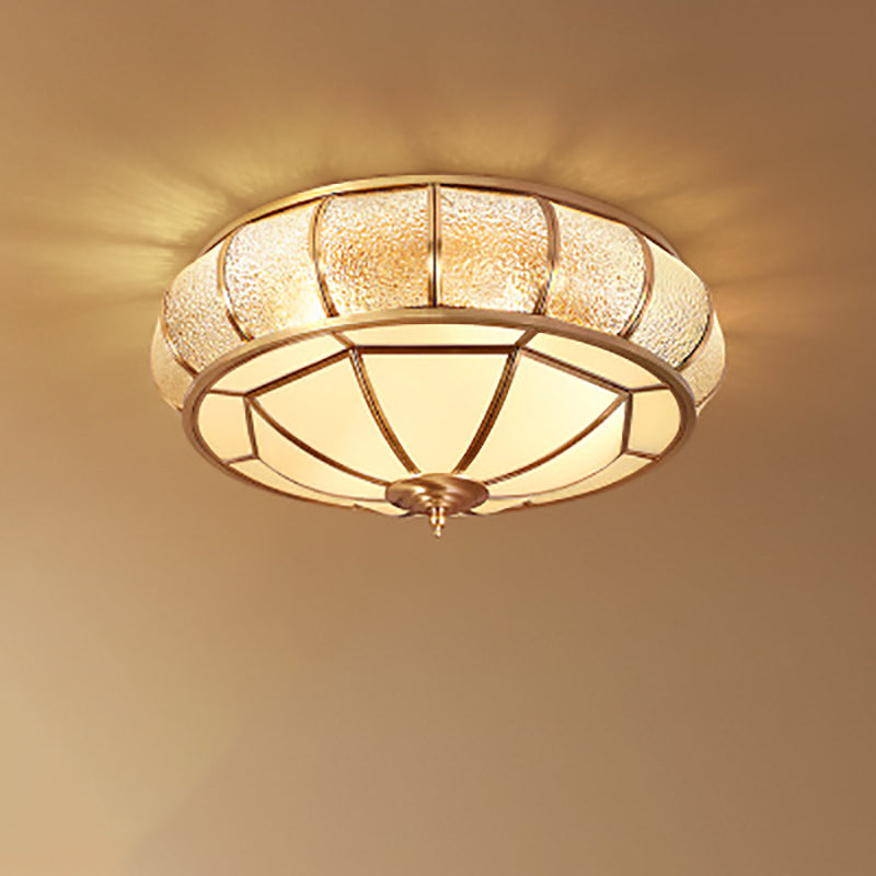 Contemporary Luxury Brass Frame Vertical Grained Frosted Glass Round 4-Light Flush Mount Ceiling Light For Bedroom