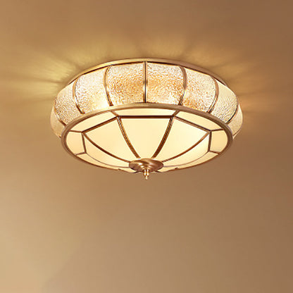 Contemporary Luxury Brass Frame Vertical Grained Frosted Glass Round 4-Light Flush Mount Ceiling Light For Bedroom