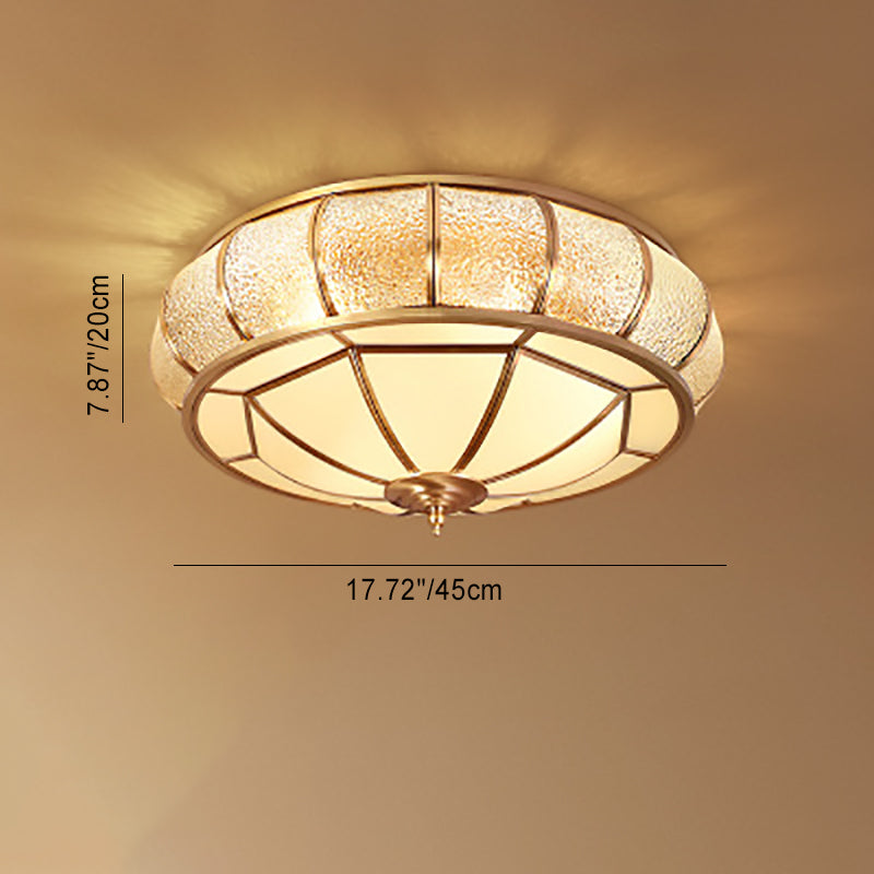 Contemporary Luxury Brass Frame Vertical Grained Frosted Glass Round 4-Light Flush Mount Ceiling Light For Bedroom