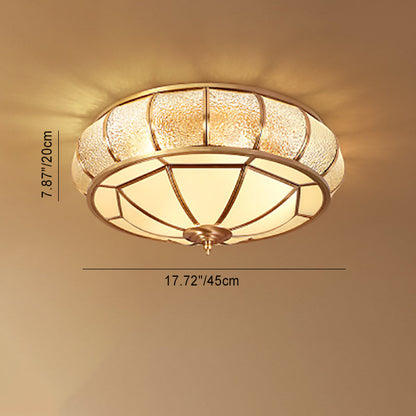Contemporary Luxury Brass Frame Vertical Grained Frosted Glass Round 4-Light Flush Mount Ceiling Light For Bedroom