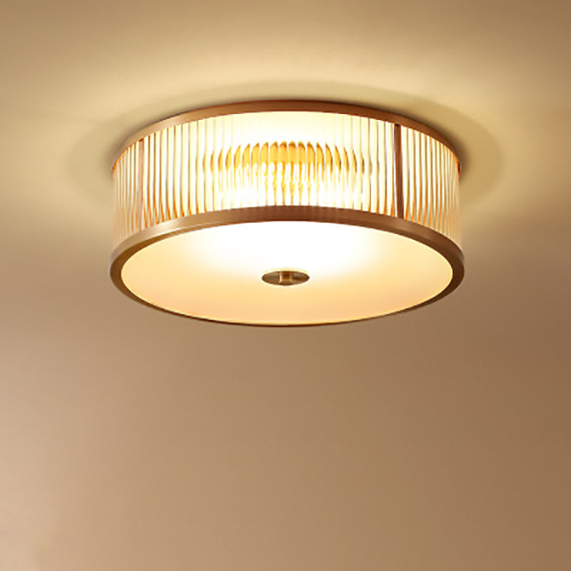 Contemporary Luxury Brass Frame Vertical Grained Frosted Glass Round 4-Light Flush Mount Ceiling Light For Bedroom