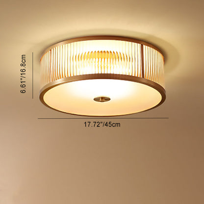 Contemporary Luxury Brass Frame Vertical Grained Frosted Glass Round 4-Light Flush Mount Ceiling Light For Bedroom