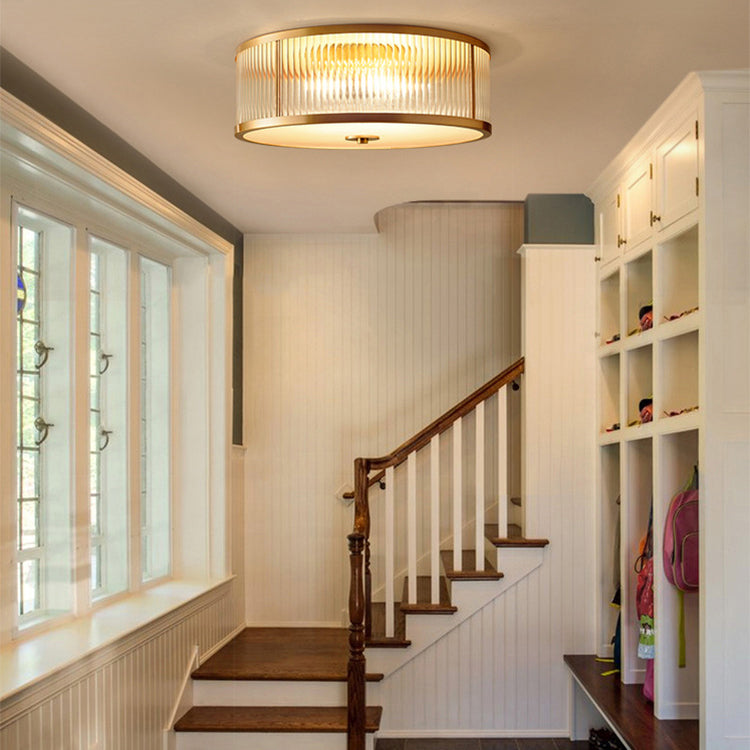 Contemporary Luxury Brass Frame Vertical Grained Frosted Glass Round 4-Light Flush Mount Ceiling Light For Bedroom