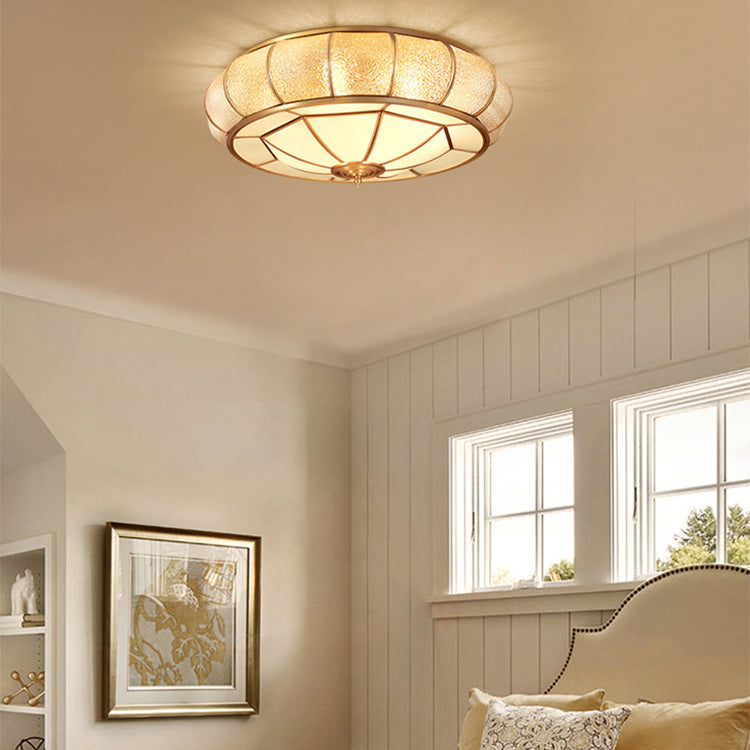 Contemporary Luxury Brass Frame Vertical Grained Frosted Glass Round 4-Light Flush Mount Ceiling Light For Bedroom