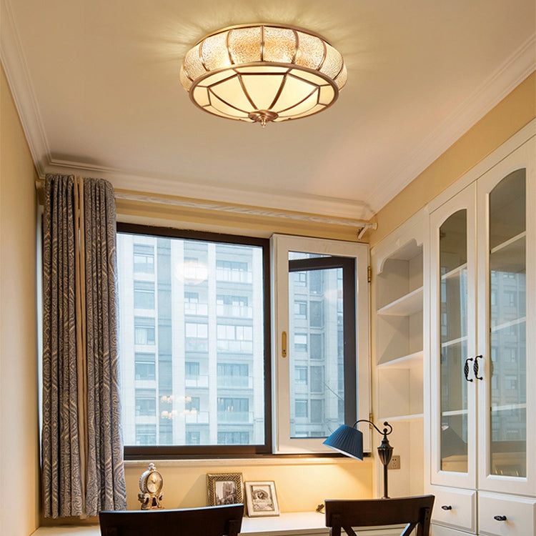Contemporary Luxury Brass Frame Vertical Grained Frosted Glass Round 4-Light Flush Mount Ceiling Light For Bedroom