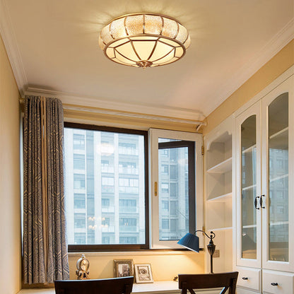 Contemporary Luxury Brass Frame Vertical Grained Frosted Glass Round 4-Light Flush Mount Ceiling Light For Bedroom
