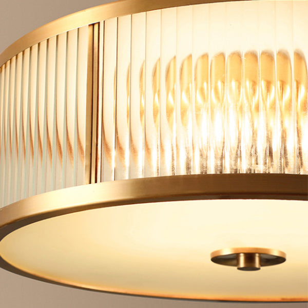 Contemporary Luxury Brass Frame Vertical Grained Frosted Glass Round 4-Light Flush Mount Ceiling Light For Bedroom