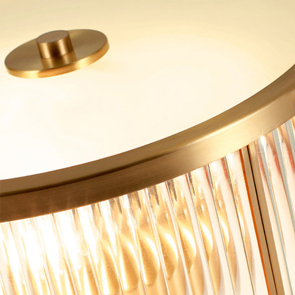 Contemporary Luxury Brass Frame Vertical Grained Frosted Glass Round 4-Light Flush Mount Ceiling Light For Bedroom