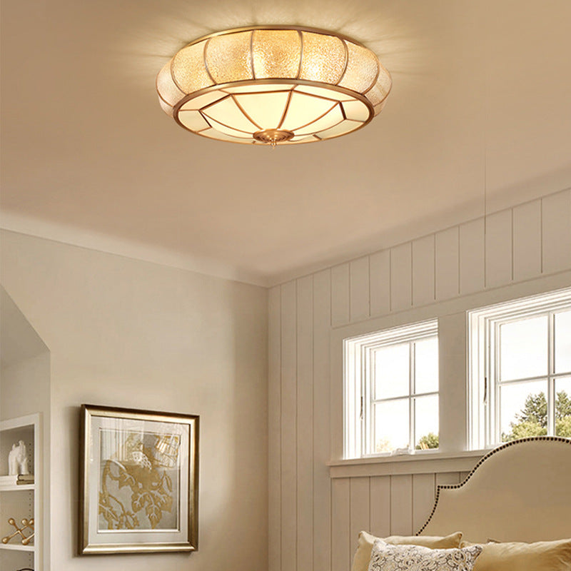 Contemporary Luxury Brass Frame Vertical Grained Frosted Glass Round 4-Light Flush Mount Ceiling Light For Bedroom
