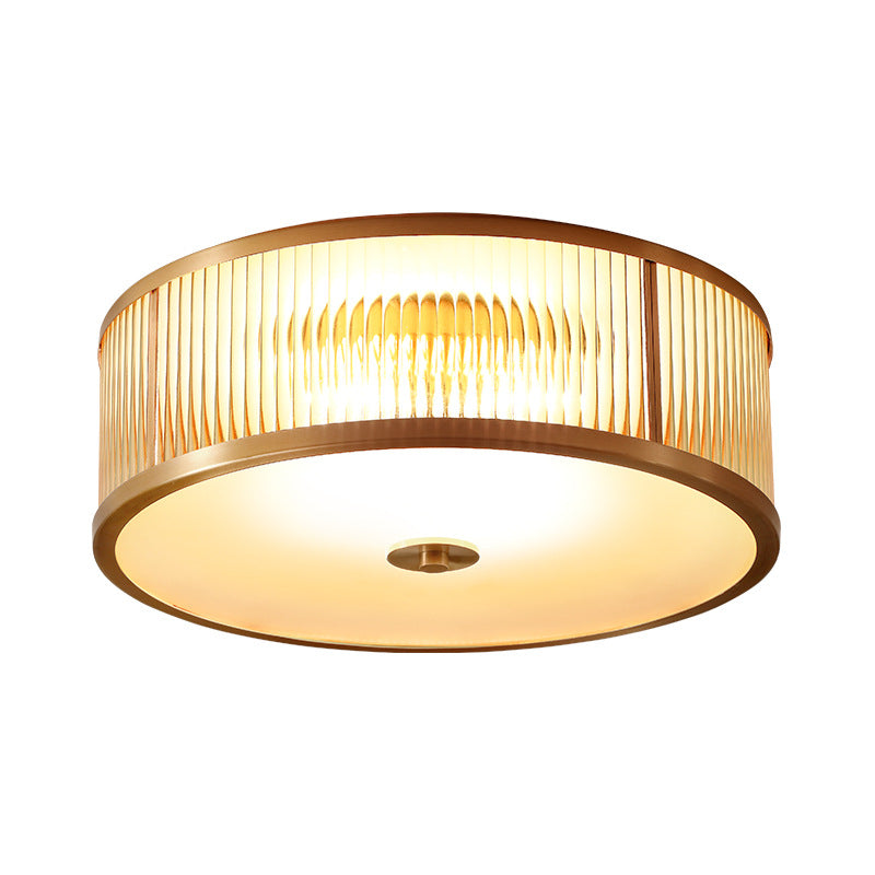 Contemporary Luxury Brass Frame Vertical Grained Frosted Glass Round 4-Light Flush Mount Ceiling Light For Bedroom