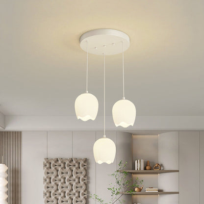 Traditional French Iron Tulip Glass Shade 3-Light Chandelier Island Light For Living Room