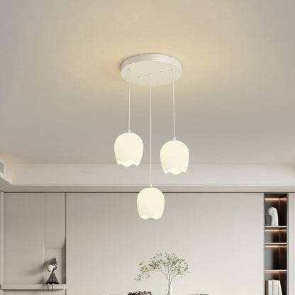 Traditional French Iron Tulip Glass Shade 3-Light Chandelier Island Light For Living Room