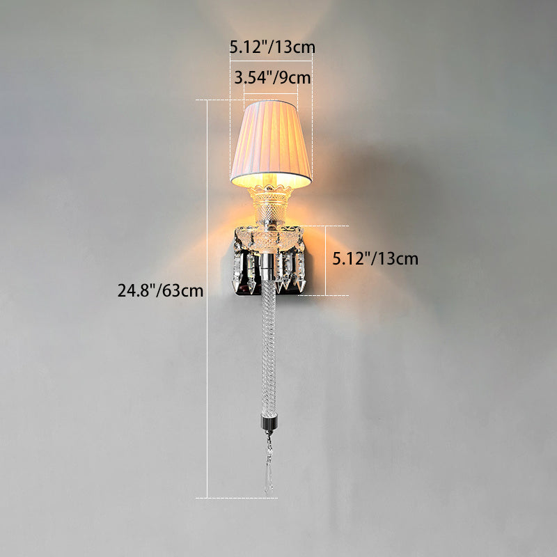 Traditional French Fabric Round Shade Stainless Steel Crystal 1-Light Wall Sconce Lamp For Living Room