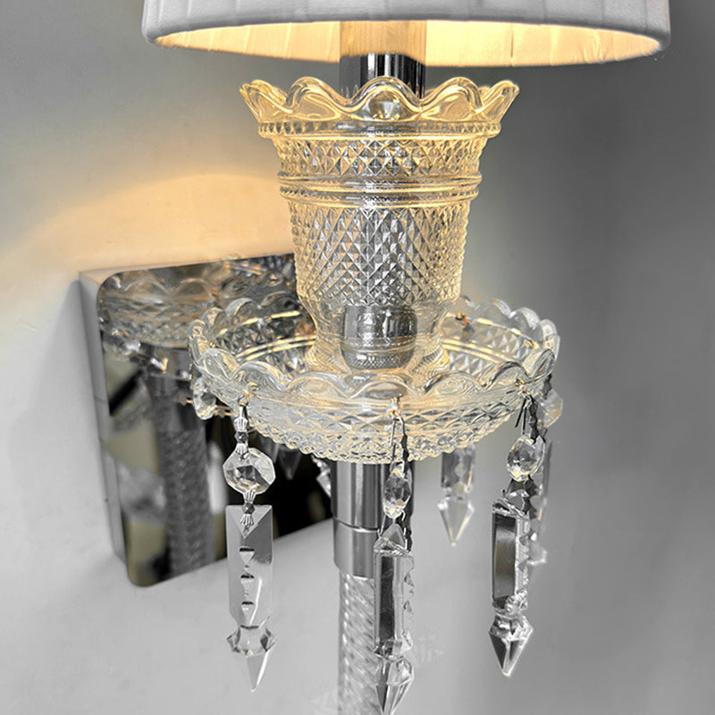 Traditional French Fabric Round Shade Stainless Steel Crystal 1-Light Wall Sconce Lamp For Living Room