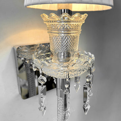 Traditional French Fabric Round Shade Stainless Steel Crystal 1-Light Wall Sconce Lamp For Living Room