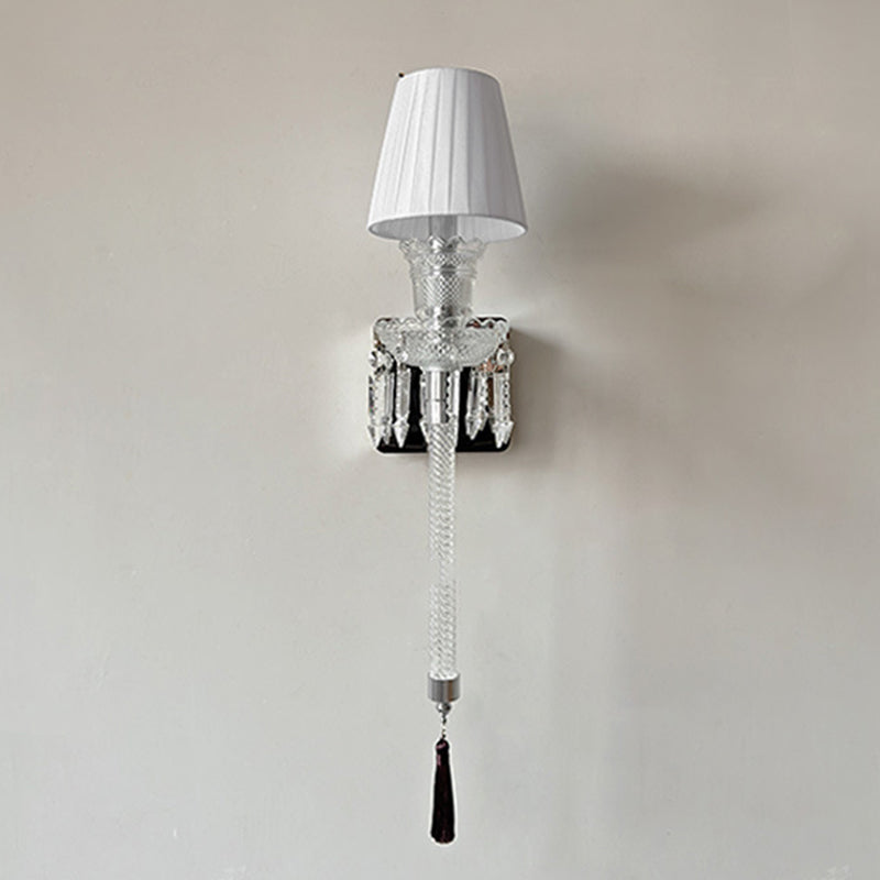 Traditional French Fabric Round Shade Stainless Steel Crystal 1-Light Wall Sconce Lamp For Living Room