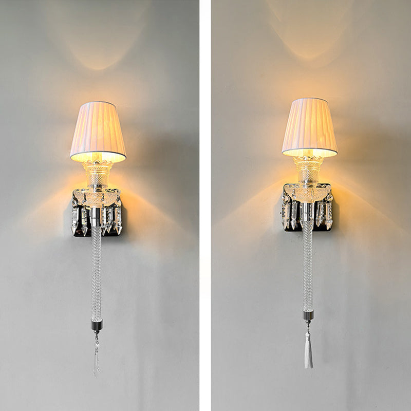 Traditional French Fabric Round Shade Stainless Steel Crystal 1-Light Wall Sconce Lamp For Living Room