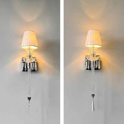 Traditional French Fabric Round Shade Stainless Steel Crystal 1-Light Wall Sconce Lamp For Living Room