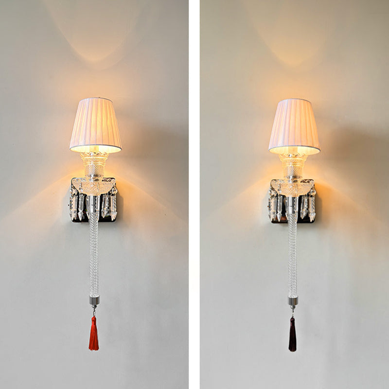 Traditional French Fabric Round Shade Stainless Steel Crystal 1-Light Wall Sconce Lamp For Living Room
