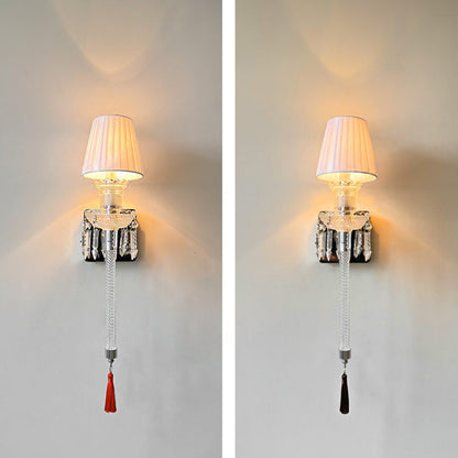 Traditional French Fabric Round Shade Stainless Steel Crystal 1-Light Wall Sconce Lamp For Living Room