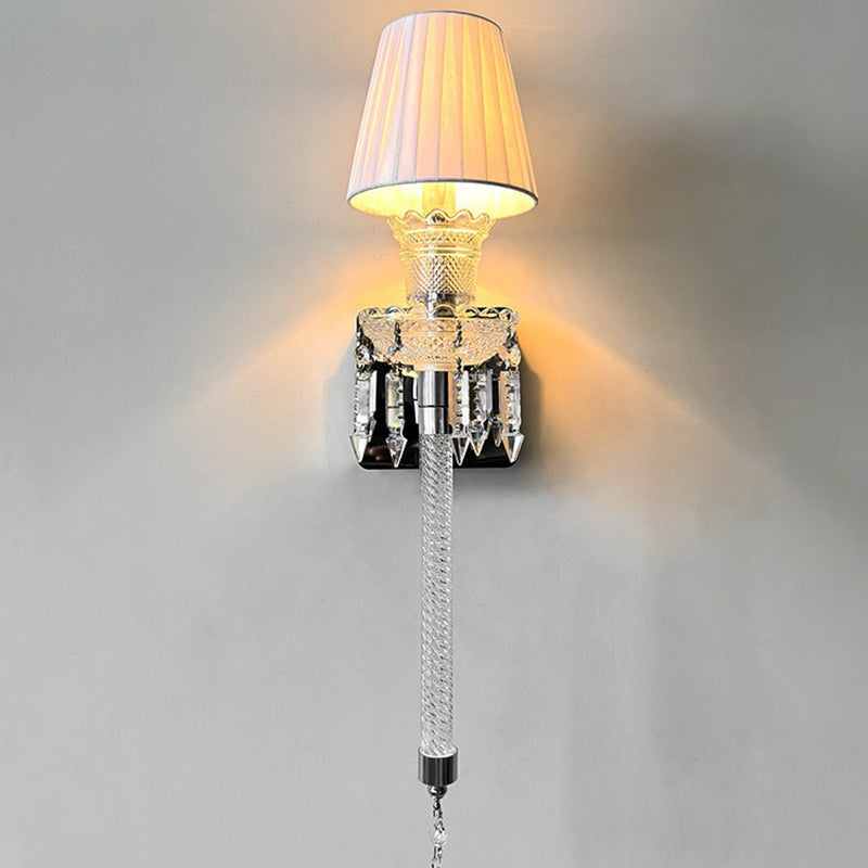 Traditional French Fabric Round Shade Stainless Steel Crystal 1-Light Wall Sconce Lamp For Living Room