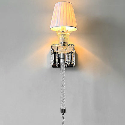 Traditional French Fabric Round Shade Stainless Steel Crystal 1-Light Wall Sconce Lamp For Living Room