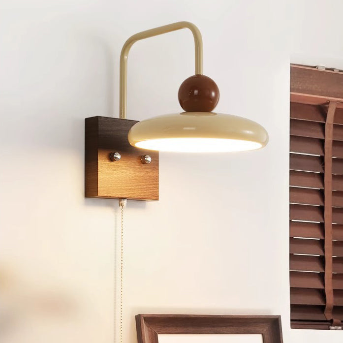 Traditional French Iron Walnut Wood Grain Round LED Wall Sconce Lamp For Bedroom