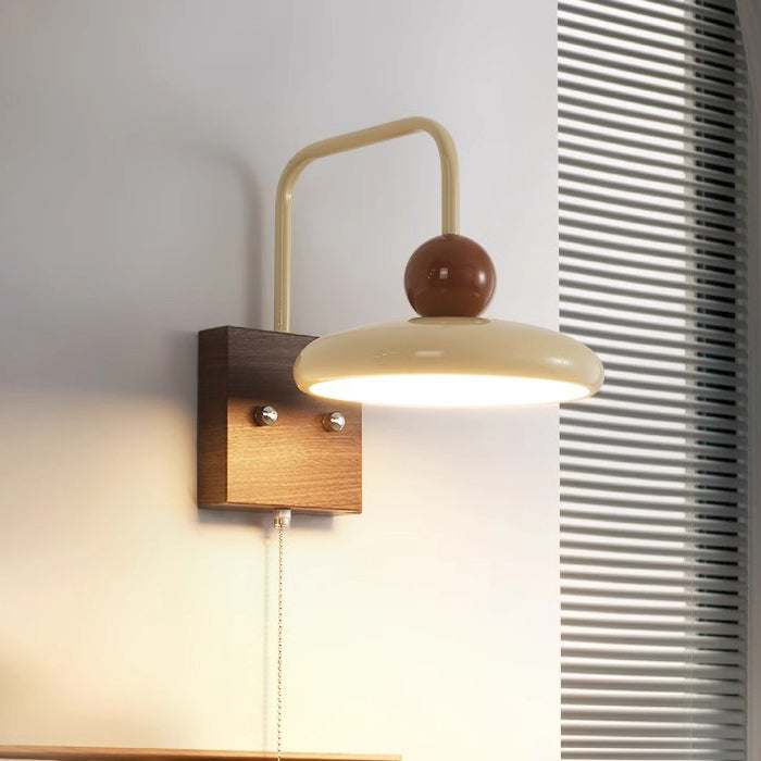 Traditional French Iron Walnut Wood Grain Round LED Wall Sconce Lamp For Bedroom