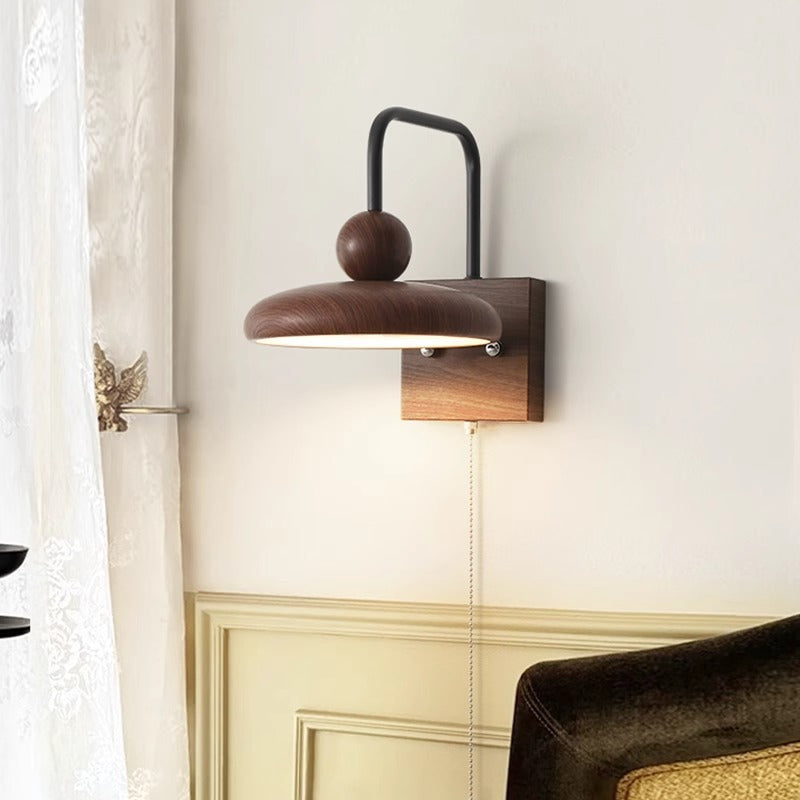 Traditional French Iron Walnut Wood Grain Round LED Wall Sconce Lamp For Bedroom