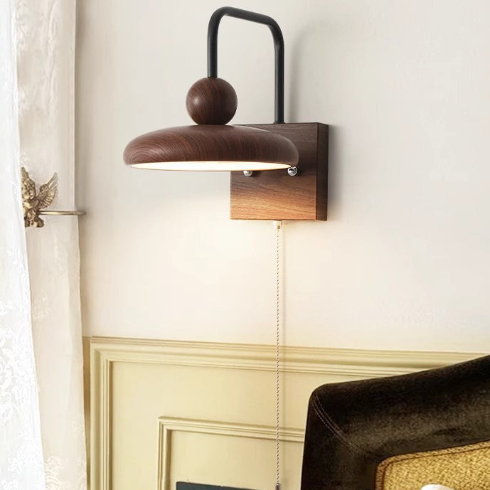 Traditional French Iron Walnut Wood Grain Round LED Wall Sconce Lamp For Bedroom