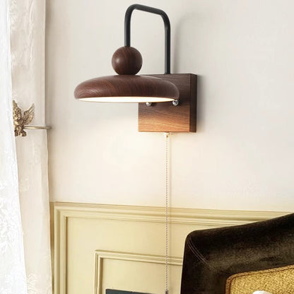 Traditional French Iron Walnut Wood Grain Round LED Wall Sconce Lamp For Bedroom