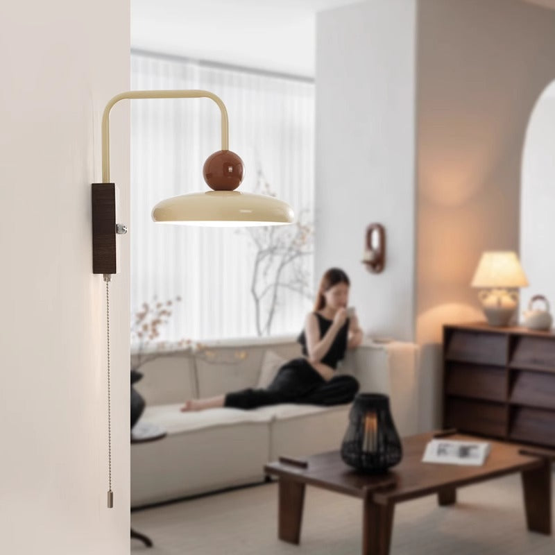 Traditional French Iron Walnut Wood Grain Round LED Wall Sconce Lamp For Bedroom