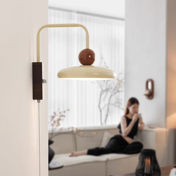 Traditional French Iron Walnut Wood Grain Round LED Wall Sconce Lamp For Bedroom