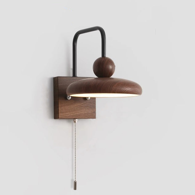 Traditional French Iron Walnut Wood Grain Round LED Wall Sconce Lamp For Bedroom