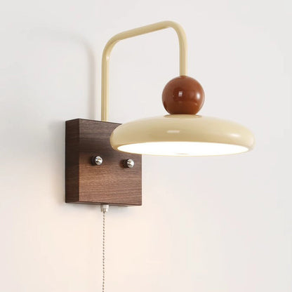 Traditional French Iron Walnut Wood Grain Round LED Wall Sconce Lamp For Bedroom