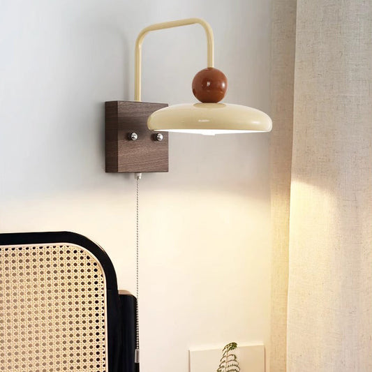 Traditional French Iron Walnut Wood Grain Round LED Wall Sconce Lamp For Bedroom