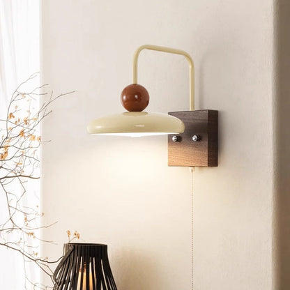 Traditional French Iron Walnut Wood Grain Round LED Wall Sconce Lamp For Bedroom